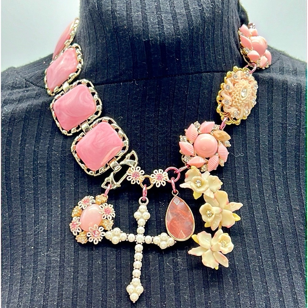 Statement Pink Floral Cross Pendant Necklace